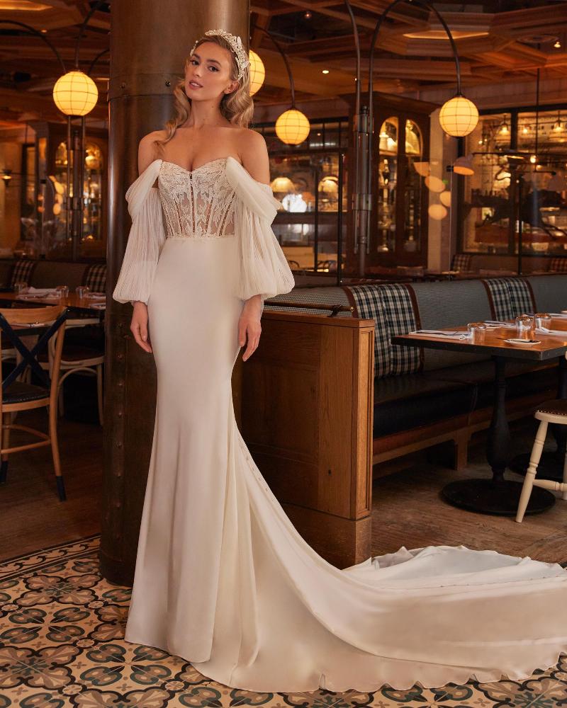 La22241 off the shoulder wedding dress with sleeves and strapless sweetheart neckline1